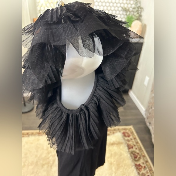 Black Top with Ruffle short sleeve and pearl embellishments at the shoulder - Picture 3 of 4